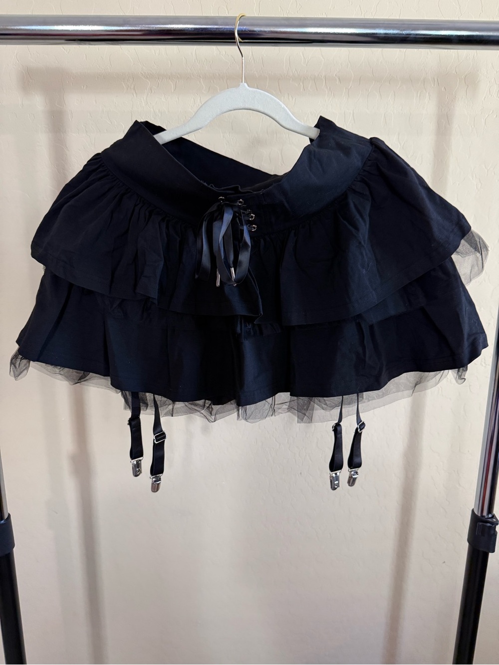 Dolls Kill Black Tiered Mini Skirt with Garter Straps